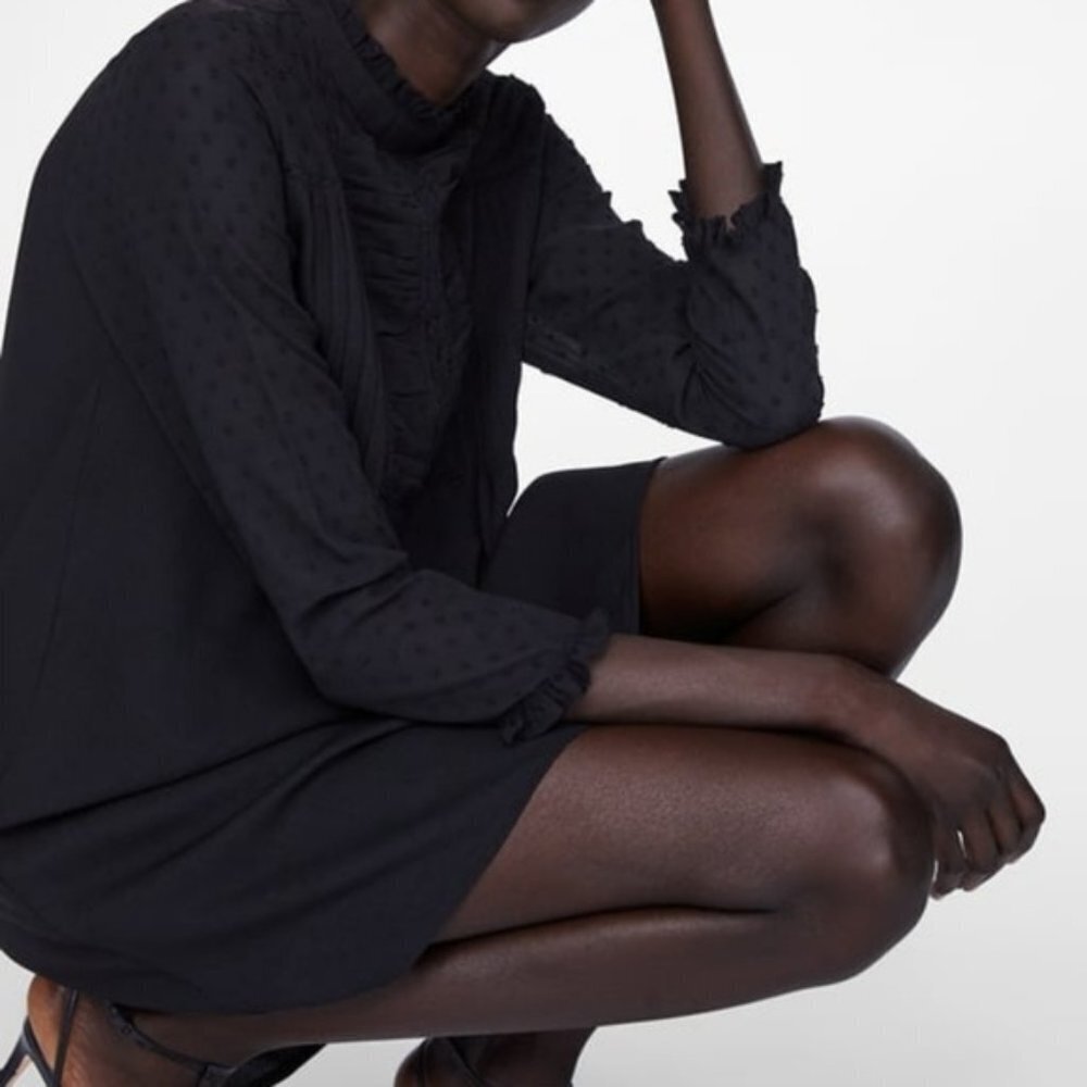 Zara Shift mini Dress with Ruffle front and Sheer Dot Sleeves Party Dress - Picture 1 of 10